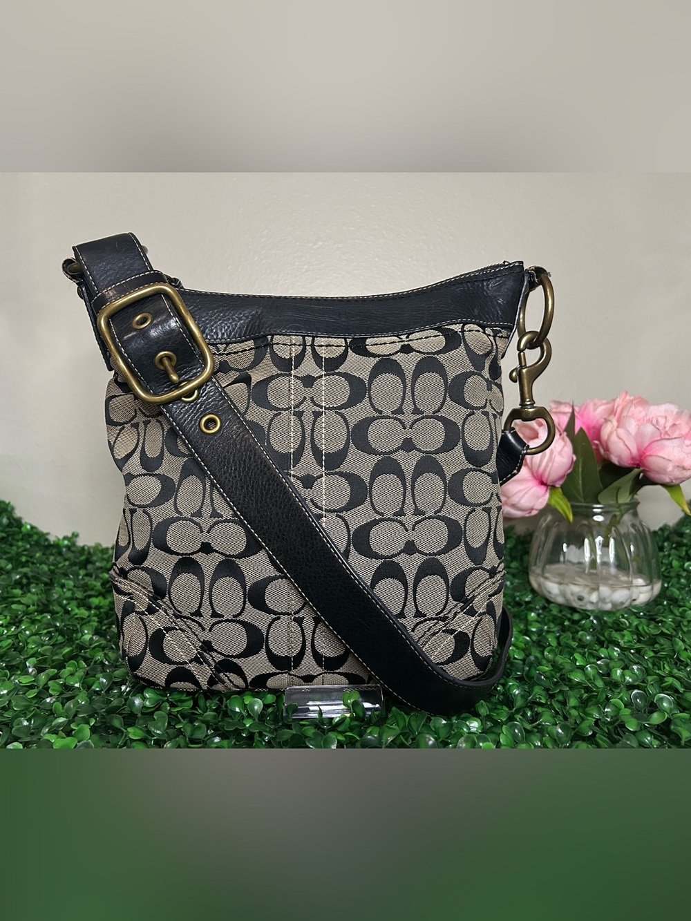 Coach Signature Monogram File Bag Crossbody Khaki Black Jacquard F1403